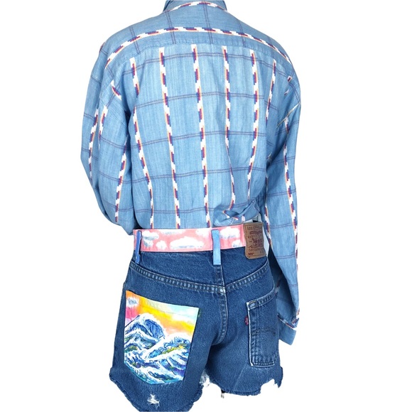 Levi’s 505 DIY Distressed Cutoff Hand Painted Rainbow Cloud Denim Jean Shorts - Picture 11 of 13